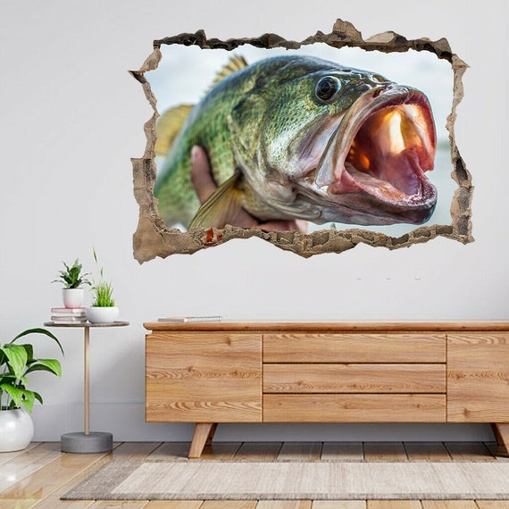 Big Bass Largemouth Fishing 3d Smashed View Wall Sticker Poster Decal A204
