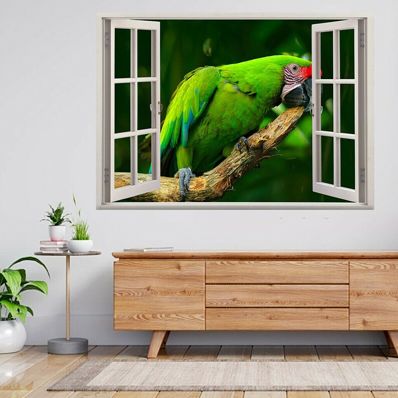Green Parrot Birds Flying Macaw 3d Window View Wall Sticker Poster ...