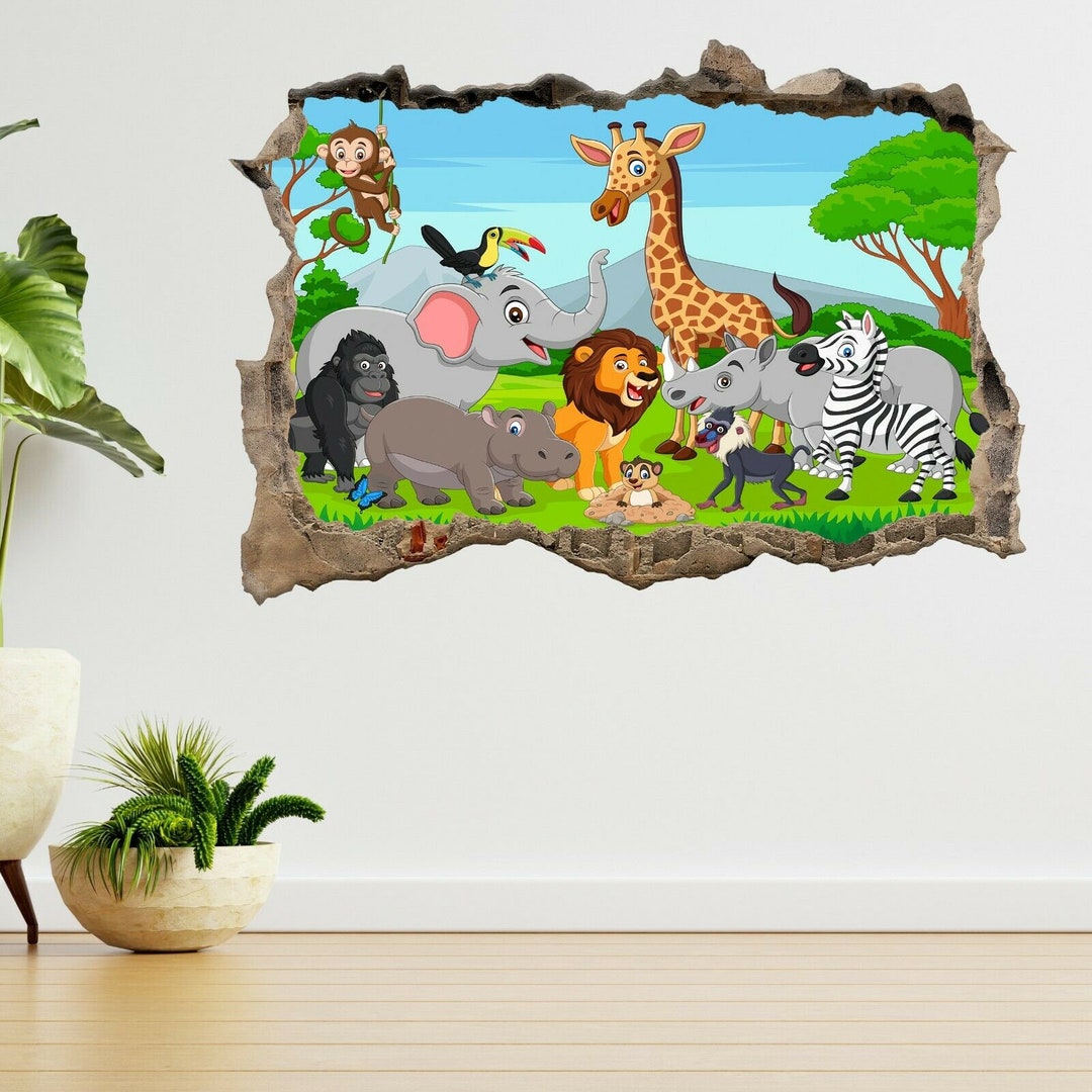 Cartoon Wild Animals in Jungle 3d Smashed View Wall Sticker Poster ...