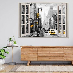 Street Of New York Yellow Taxi 3d Window View Wall Sticker Poster Decal A938