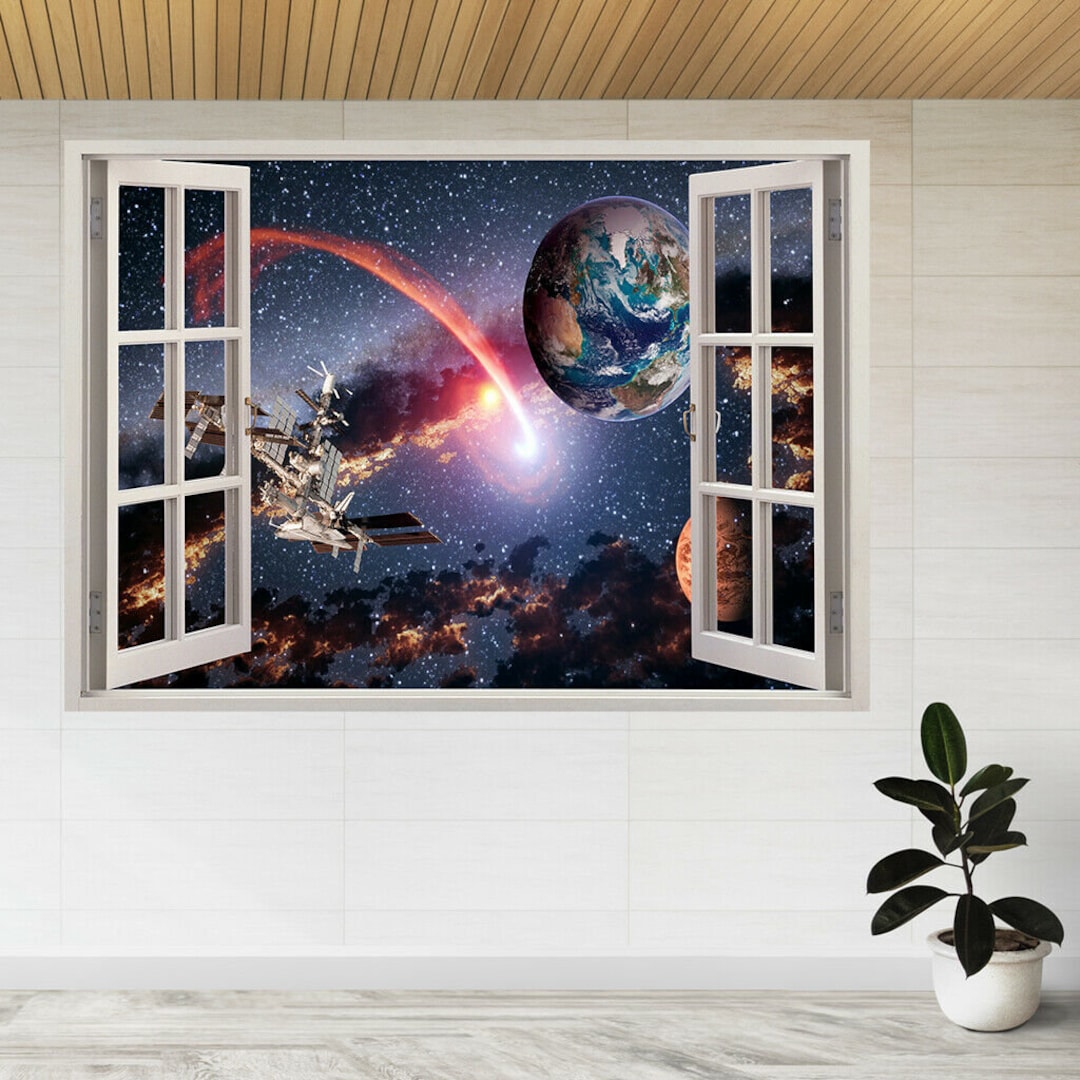 Space Shuttle Ship Satellite 3d Window View Wall Sticker Poster Decal ...