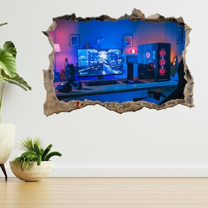 Gaming Computer Game Playroom 3d Smashed View Wall Sticker Poster Decal A378