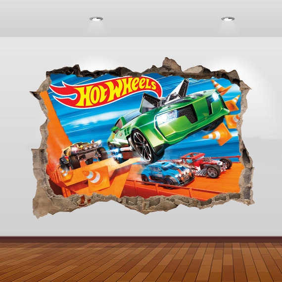 Calcomanía de pared 3D de coches calientes, pegatina de pared de carrera  caliente, coche, pegatina de vinilo removible, arte de pared, decoración