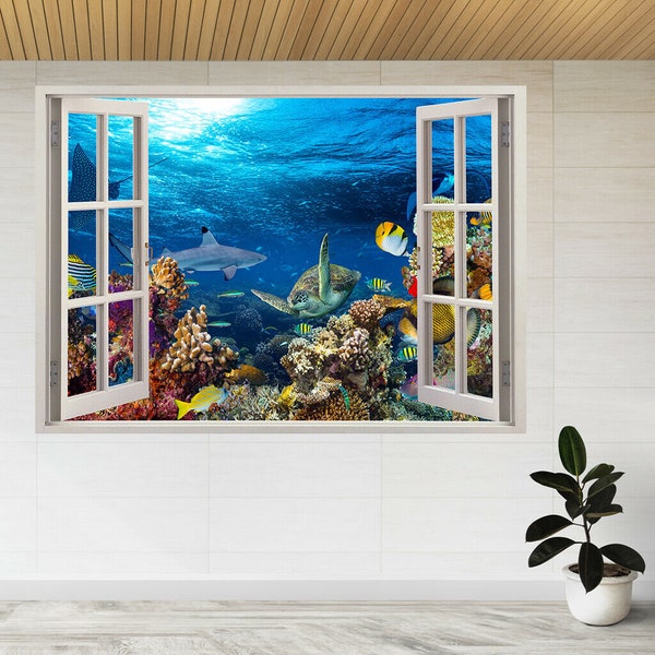 Blue Ocean Sea Colorful Fish 3D Window View Wall Sticker Poster Decal A815