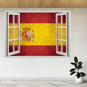 Flag Of Spain Spanish Rough 3d Window View Wall Sticker Poster Decal A968