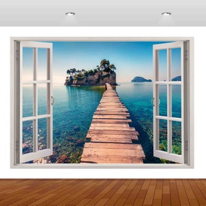 Nature Beautiful Lake Bridge Mountain Island Greece 3D  Vinyl Sticker Poster Decal Mural Removable s166