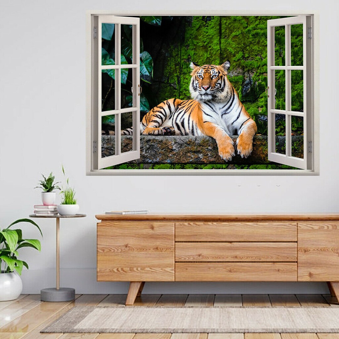 Tiger Lion Jungle Animal Big Cat 3d Window View Wall Sticker Poster ...