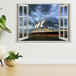 May include: A white ship with yellow accents sails through a stormy sea, seen through a window with white trim. The ship has three smokestacks emitting smoke.