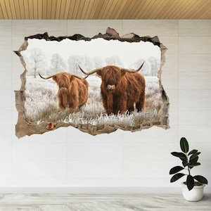 Scottish Highlanders Cow Winter 3d Window View Wall Sticker Poster Decal A66