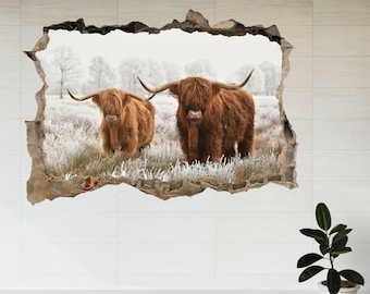 Scottish Highlanders Cow Winter 3d Window View Wall Sticker Poster Calcomanía A66