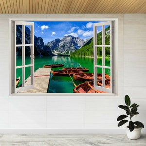 Lake Braies Dolomites Mountains 3d Window View Wall Sticker Poster Decal A260
