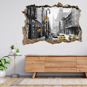 Street Of New York Yellow Taxi 3d Smashed View Wall Sticker Poster Decal A939