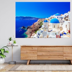 Santorini Insel Griechenland Blaue Kuppel 3D Ansicht Wandtattoo Poster Aufkleber A598