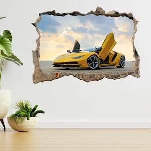 Yellow Lamborghini Sports Car 3d Smashed View Wall Sticker Poster Decal A402