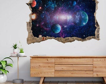 Planetas estrelas galáxias espaço 3d esmagado vista adesivo de parede decalque a63