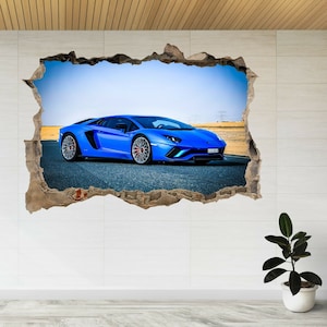 Lamborghini Car On Road In Desert 3d Smashed View Wall Sticker Poster Decal A243