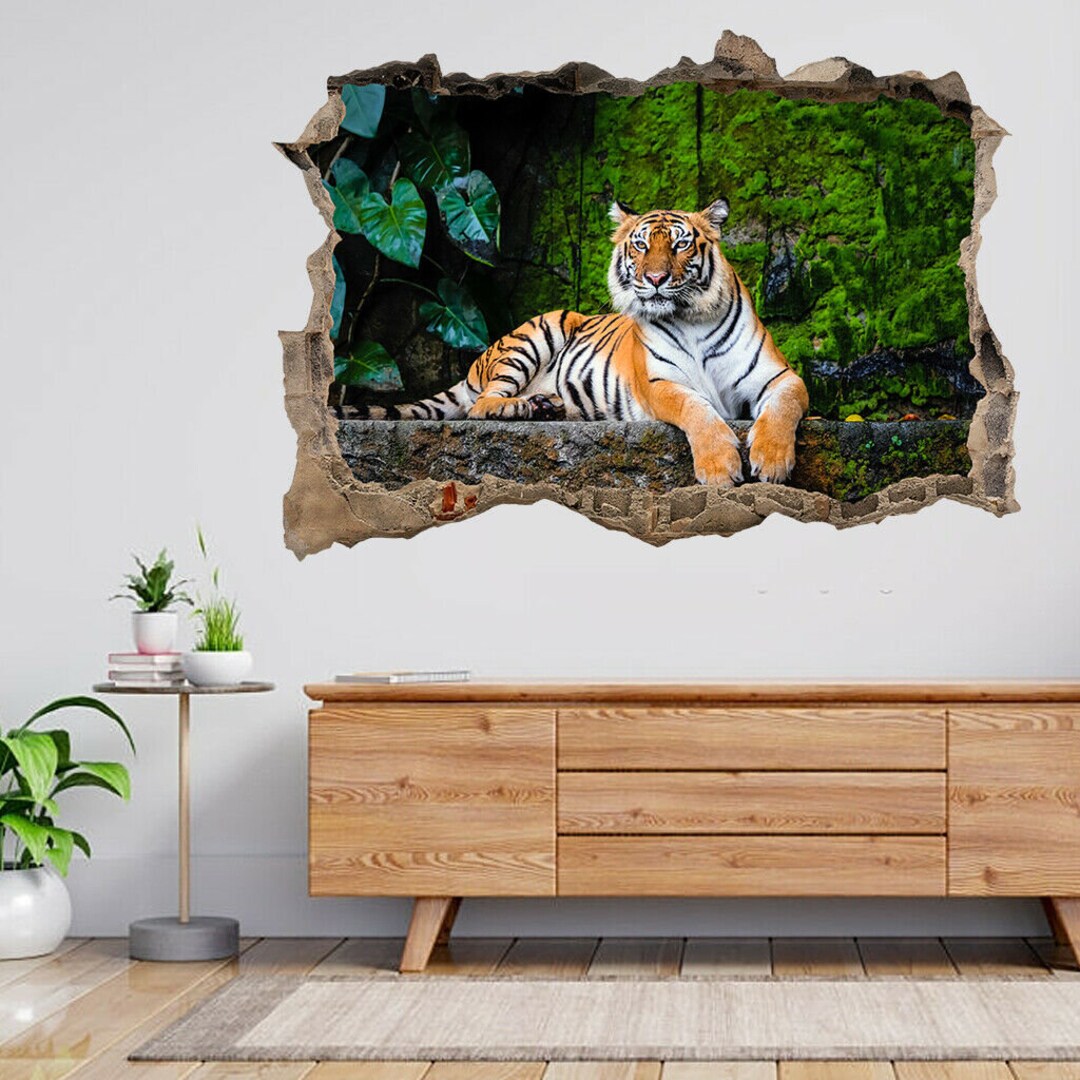 Tiger Lion Jungle Animal Big Cat 3d Smashed View Wall Sticker Poster ...