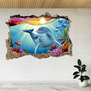 Encantador Dolphin Play Underwater 3d Smashed View Adesivo de Parede Decalque A561