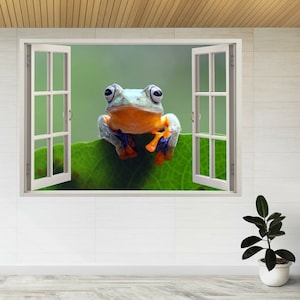 Flying Frog On Green Leaves 3d Window View Wall Sticker Poster Decal A212