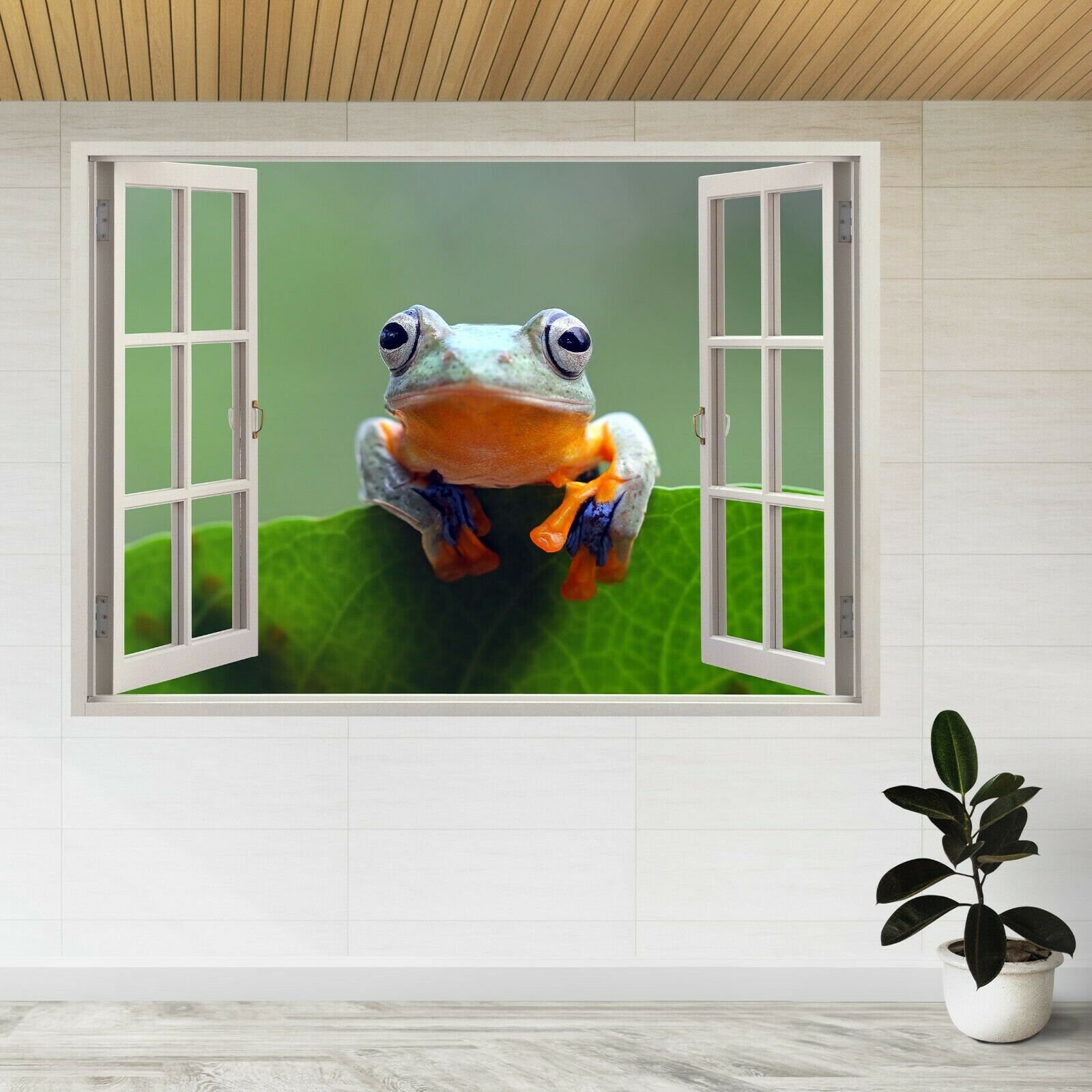 Flying Frog on Green Leaves 3d Window View Wall Sticker Poster Decal ...