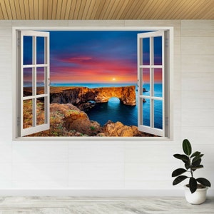 Sunset Atlantic Ocean Coast Rocks 3d Window View Wall Sticker Poster Calcomanía A563