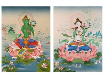 Conjunto de 2 impresiones de Tara Thangka: con Tara verde y Tara blanca, exquisitamente elaboradas para la contemplación, decoración de la sala de meditación, Tara budista