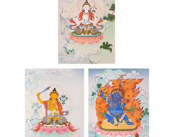 Chenrezig-Manjushri-Vajrapani-set- Thangka para Meditación, Impresión Espiritual para la Práctica Vajrayana, Bodhisattva de Compasión, Sabiduría y Poder