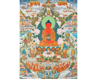 Buda de la luz infinita / Buda Amitabha Pureland Thangka / Impresión de lienzo Giclee de alta calidad / Regalos budistas / Arte budista tradicional