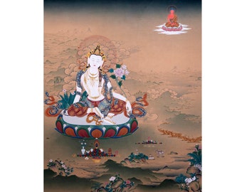 Bodhisattva Chenrezig mit Buddha Amitabha | 2-armiger Chenrezig Thangka-Druck in hochwertiger Leinwand | Meditiere mit Mitgefühl und Erleuchtung