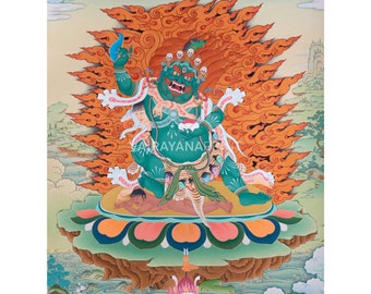Impresión verde de Hayagriva Thangka para la transformación espiritual / Sabiduría de la deidad con cabeza de caballo / Obras de arte para la guía divina / Decoración budista