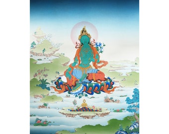 Goddess Green Tara Thangka | Buddhist Religious Painting | Canvas Digital Print  | Spiritual Gift | Wall Decoration | Made in Nepal Poster
