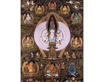 1000 bewaffneter Avalokiteshvara mit Buddha und Bodhisattva | Traditioneller tibetischer Thangka-Druck für Meditationsaltar | Spirituelle Geschenkideen