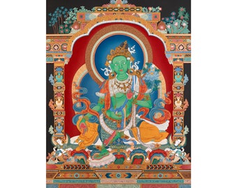 Stampa Thangka di Tara Verde / Dea Tara Verde / Drolma Madre Tara / Arte Thangka dipinta a mano dell'Himalaya / Bodhisattva Tara Verde / Arte Nepalese