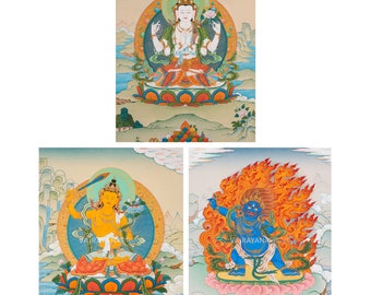 Conjunto combinado Chenresig-Manjushri-Vajrapani de impresiones Thangka para meditación, artes de pared espiritual de bienestar para la práctica