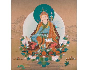 Impresión tradicional de Padmasambhava Thangka / Guru Rinpoche, El maestro nacido del loto / Las bendiciones de Padmakara en impresión de lienzo / Decoración de pared budista