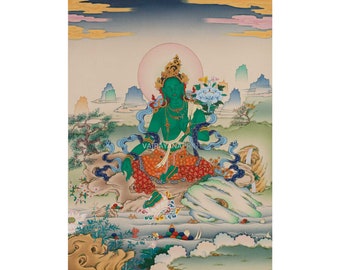 Stampa giclée tradizionale della Madre Tara Verde / Poster tibetano della divinità buddista come decorazione della stanza spirituale / Prodotto in Nepal / Arte e oggetti da collezione