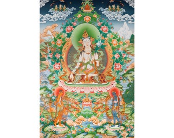 Stampa artistica giclée di Tara bianca tibetana / La radiosa Madre della Liberazione / Decorazione da parete su tela di alta qualità / Arte decorativa da parete tradizionale