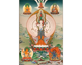 Avalokiteshvara Thangka | Chenrezig Thangka-Malerei mit Manjushri und Vajrapani | Trias aus göttlicher Weisheit und Mitgefühl | Spirituelle Gaben