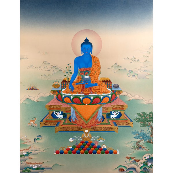 Medicine Buddha Canva Print | Bhaisajyaguru Guru | Tibetan Healing Blue Buddha Thangka | High Quality Canvas Prints | Healing Buddha Poster