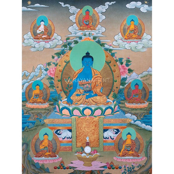 Eight Medicine Buddha Thangka Print | Traditional Thangka in Quality Canvas Print | Healing and Enlightenment in Thangka Art | Gift Ideas