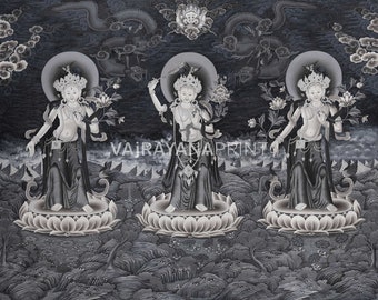 Impresión Thangka de pie de Tara Blanca, Manjushri y Tara Verde / Thangka tibetano pintado a mano estilo Newari