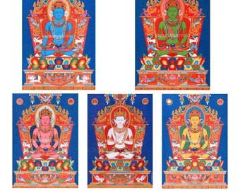 5 Thangkas de Buda / 5 Conjunto de impresiones Thangka, Pancha_ Buda, Cinco pinturas de Buda direccionales para la práctica Vajrayana, 5 Buda de la Sabiduría