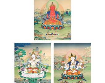 Tres Bodhisattvas Thangka, Amitayus, Tara Blanca y Namgyalma, Tríada de Curación y Longevidad, Conjunto Combinado de Impresiones, Deidades Vajrayana