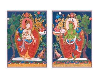 Fascinante conjunto de impresiones de Tara Thangka, lienzo combinado de la diosa de pie Tara blanca-Tara verde, unión armoniosa de compasión y sabiduría