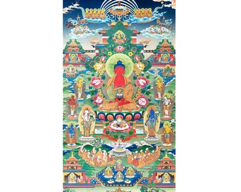 Buddha Amitabha Pureland Thangka | High Quality Giclee Canvas Print | Pure Land of Infinite Light | Buddhist Blessings In Thangka Print