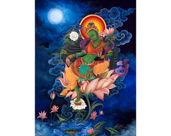 Impresión de Tara Thangka Verde / Madre Tara, La Deidad del Arte de la Compasión para su Espacio Sagrado / Invocar Bendiciones y Energía Divina Femenina