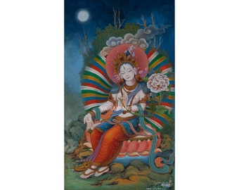 Stampa Thangka del Buddismo della Dea Tara Bianca per le preghiere / La tela del Buddha femminile / Guida spirituale della tua preghiera / Connettiti alla compassione