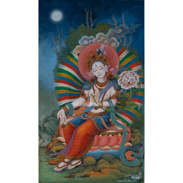 White Tara Goddess Buddhism Thangka Print For Prayers | The Female Buddha Canvas | Your Prayer's Spiritual Guide | Connect to the Compassion