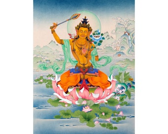 Manjushri Thangka Print | Canvas Print of Bodhisattva of Wisdom | A Spiritual Art Print for Devotees | A Spiritual Print For Wall Decoration