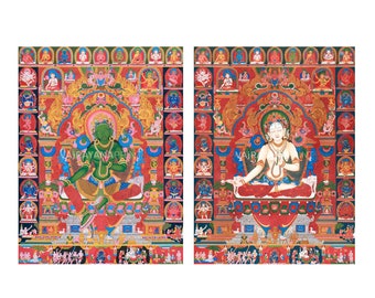 La dualidad radiante de Tara: Tara verde y Tara blanca - Impresiones de arte budista newari tradicional, impresiones de lienzos de arte de alta calidad, artes espirituales